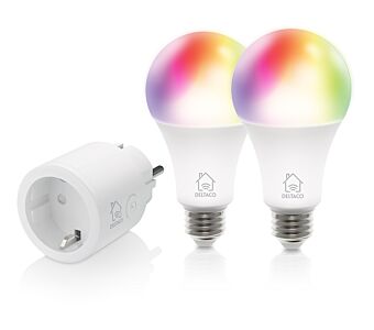 Začetni komplet DELTACO SMART HOME, 2x žarnica SH-LE27RGB, E27, 1x pametna vtičnica SH-P01 - SH-KIT01